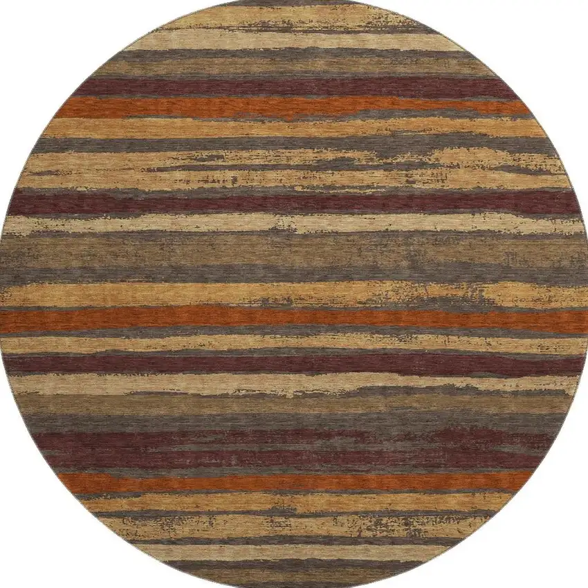 8' Chocolate Gold And Burgundy Striped Washable Round Rug With UV Protection Photo 2