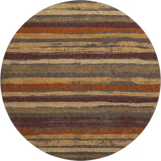 8' Chocolate Gold And Burgundy Striped Washable Round Rug With UV Protection Photo 1
