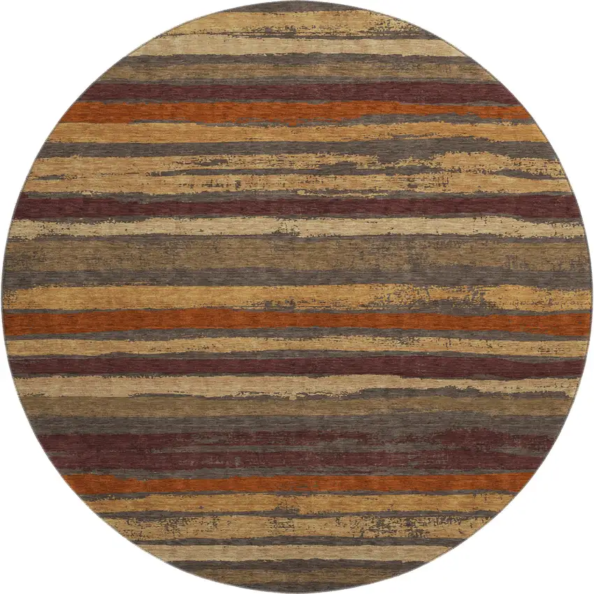 8' Chocolate Gold And Burgundy Striped Washable Round Rug With UV Protection Photo 1