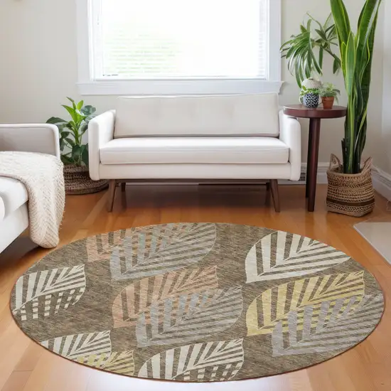 8' Chocolate Gold And Copper Floral Washable Round Rug With UV Protection Photo 5