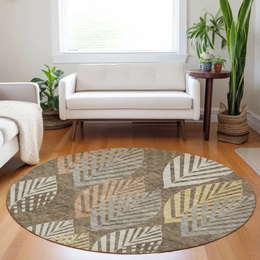8' Chocolate Gold And Copper Floral Washable Round Rug With UV Protection Photo 5