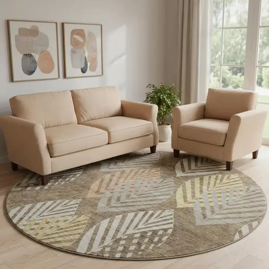 8' Chocolate Gold And Copper Floral Washable Round Rug With UV Protection Photo 1