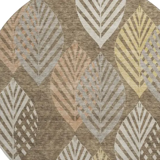 8' Chocolate Gold And Copper Floral Washable Round Rug With UV Protection Photo 3