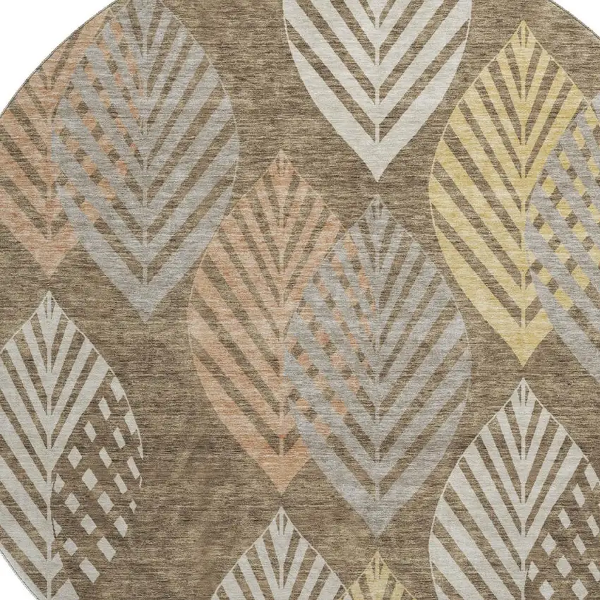 8' Chocolate Gold And Copper Floral Washable Round Rug With UV Protection Photo 3