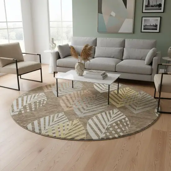 8' Chocolate Gold And Copper Floral Washable Round Rug With UV Protection Photo 2