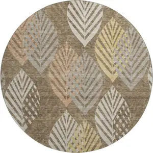 Photo of 8' Chocolate Gold And Copper Floral Washable Round Rug With UV Protection