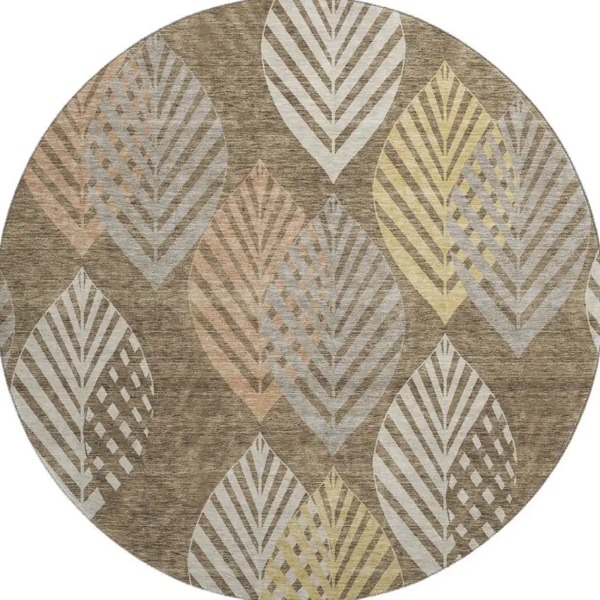 8' Chocolate Gold And Copper Floral Washable Round Rug With UV Protection Photo 4