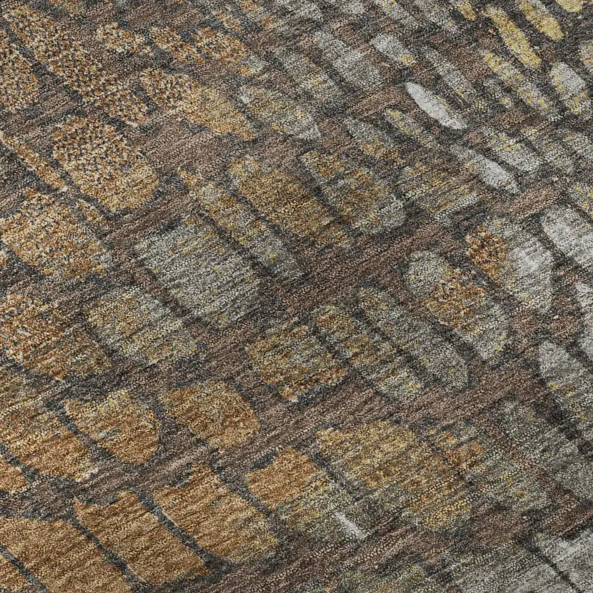 8' Chocolate Gold And Gray Abstract Geometric Washable Round Rug With UV Protection Photo 8