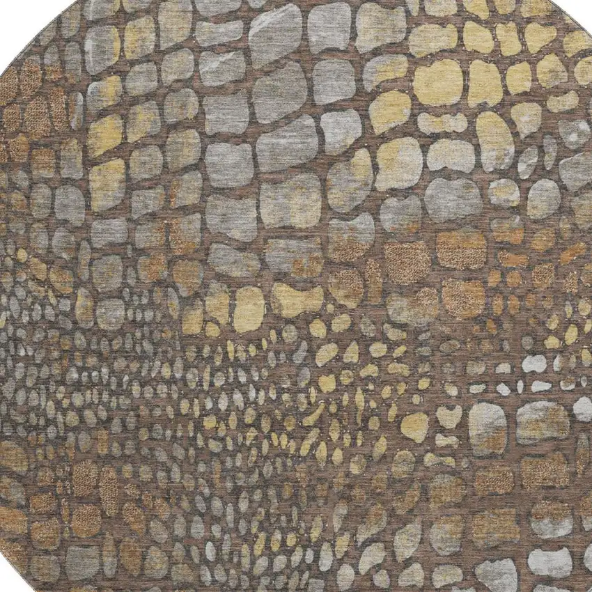 8' Chocolate Gold And Gray Abstract Geometric Washable Round Rug With UV Protection Photo 2