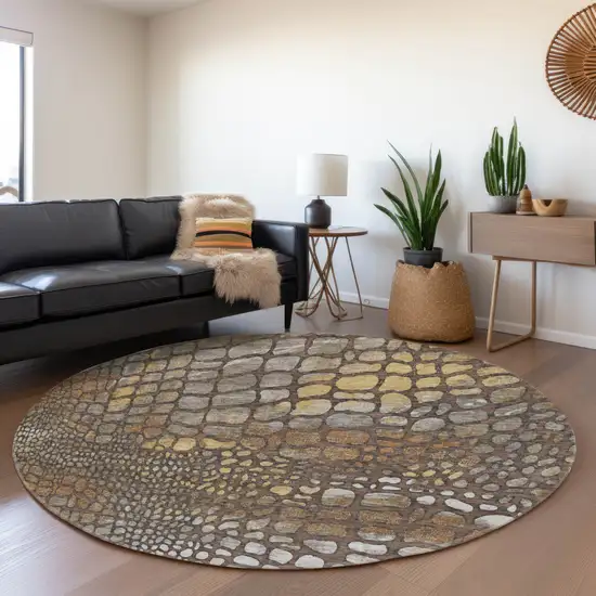 8' Chocolate Gold And Gray Abstract Geometric Washable Round Rug With UV Protection Photo 4