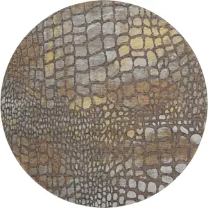 Photo of 8' Chocolate Gold And Gray Abstract Geometric Washable Round Rug With UV Protection