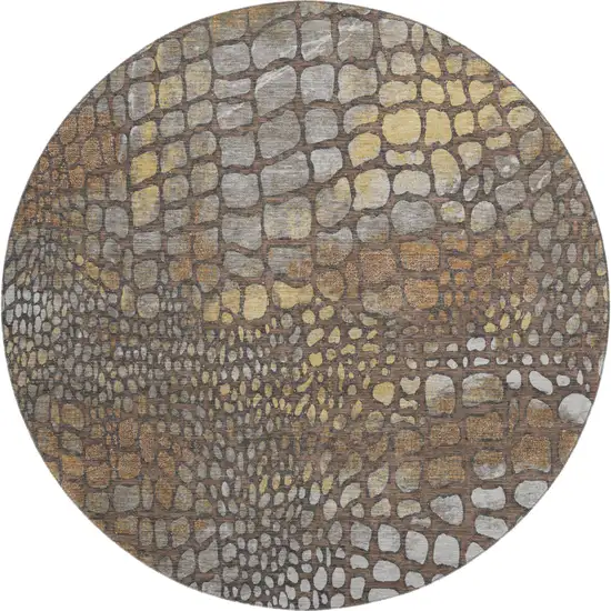 8' Chocolate Gold And Gray Abstract Geometric Washable Round Rug With UV Protection Photo 1