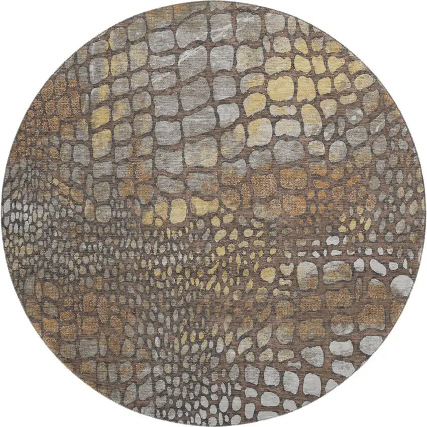 8' Chocolate Gold And Gray Abstract Geometric Washable Round Rug With UV Protection Photo 1