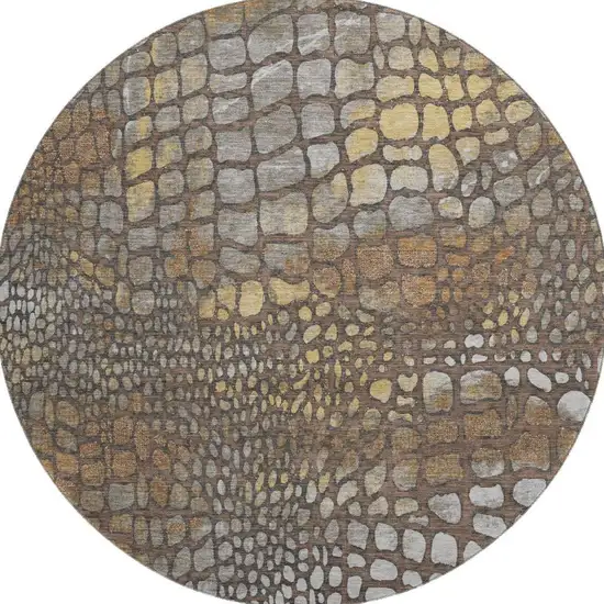 8' Chocolate Gold And Gray Abstract Geometric Washable Round Rug With UV Protection Photo 3