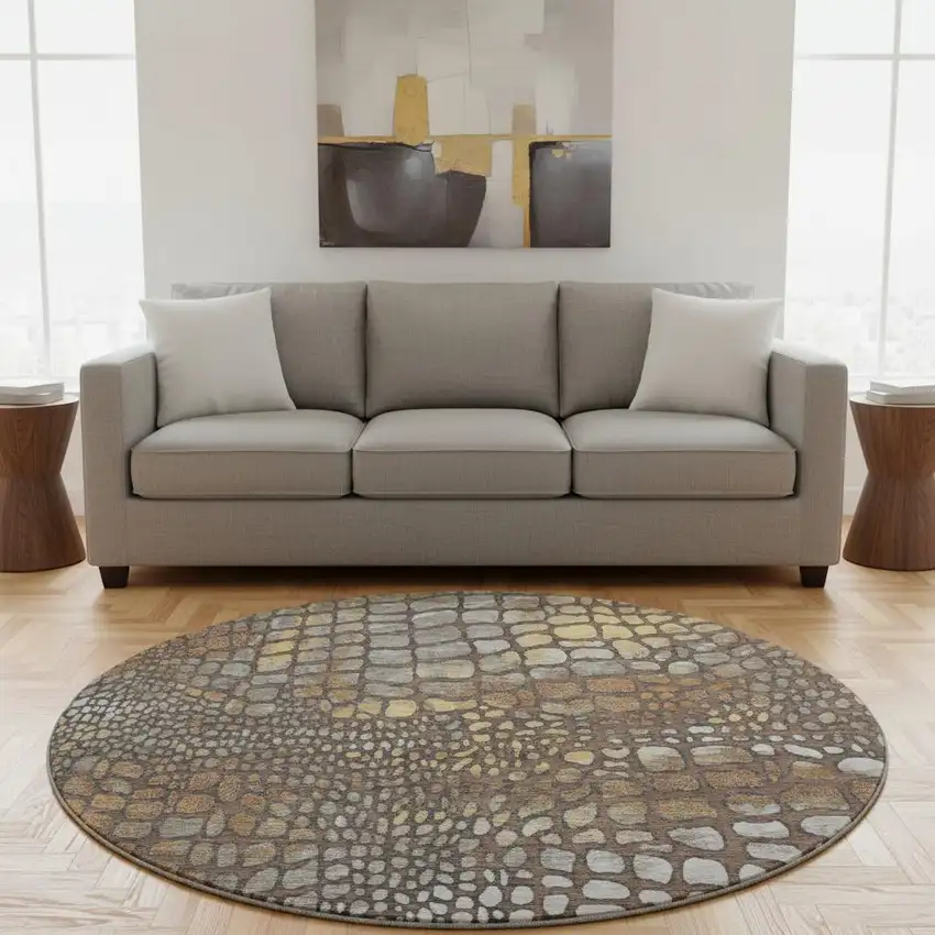 8' Chocolate Gold And Gray Abstract Geometric Washable Round Rug With UV Protection Photo 2
