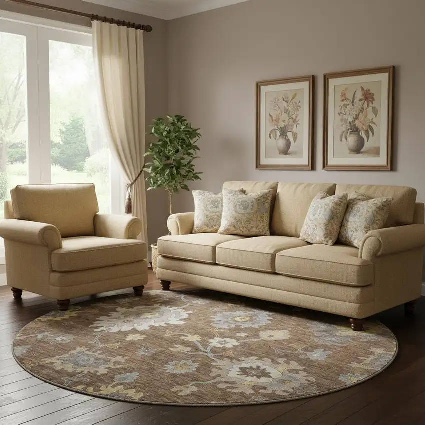 8' Chocolate Gold And Gray Floral Medallion Washable Round Rug With UV Protection Photo 1