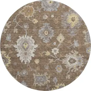 Photo of 8' Chocolate Gold And Gray Floral Medallion Washable Round Rug With UV Protection