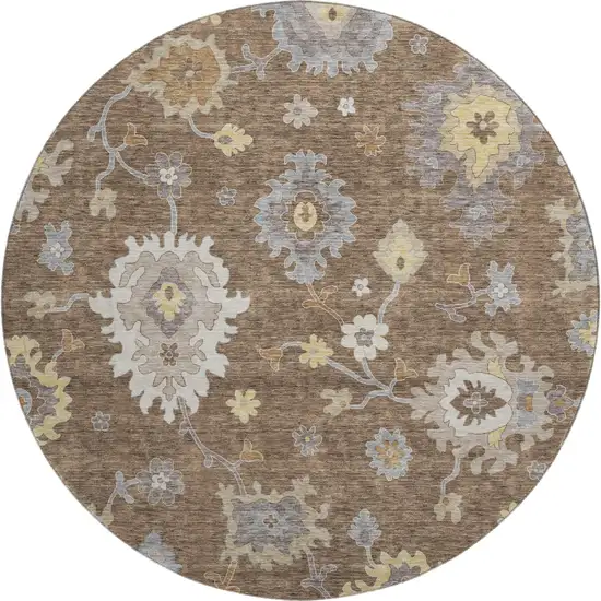 8' Chocolate Gold And Gray Floral Medallion Washable Round Rug With UV Protection Photo 1