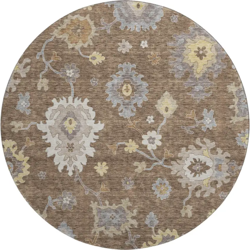 8' Chocolate Gold And Gray Floral Medallion Washable Round Rug With UV Protection Photo 1