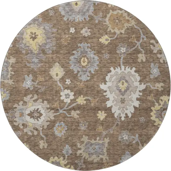 8' Chocolate Gold And Gray Floral Medallion Washable Round Rug With UV Protection Photo 2