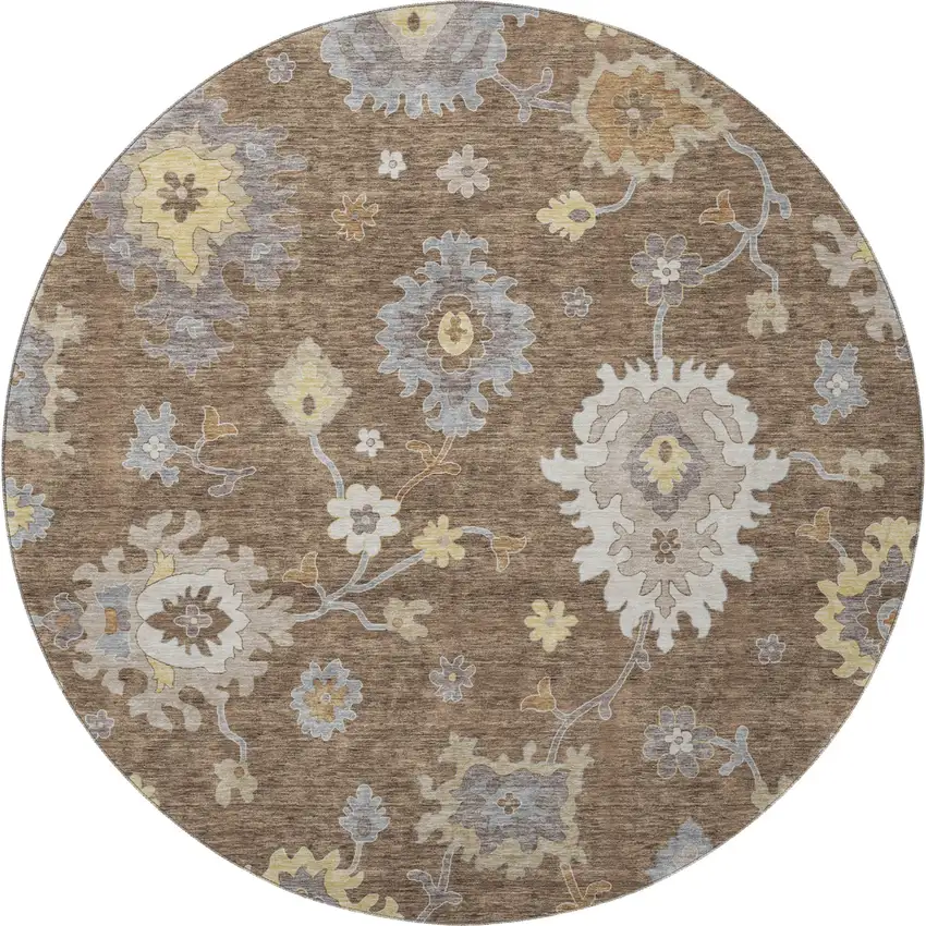 8' Chocolate Gold And Gray Floral Medallion Washable Round Rug With UV Protection Photo 2