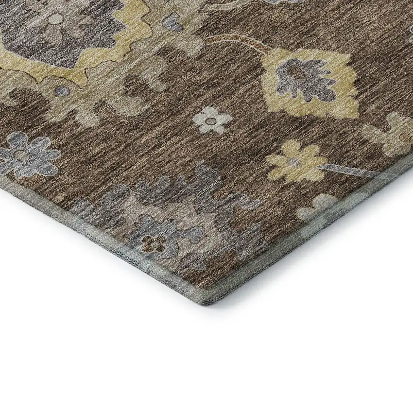 8' Chocolate Gold And Gray Floral Medallion Washable Round Rug With UV Protection Photo 5