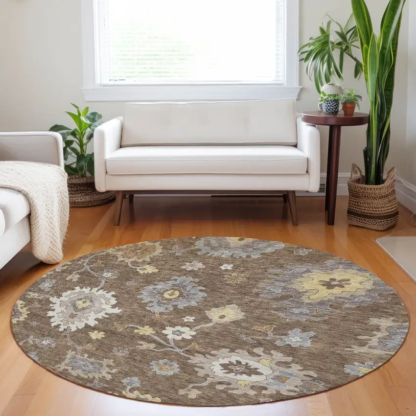 8' Chocolate Gold And Gray Floral Medallion Washable Round Rug With UV Protection Photo 3