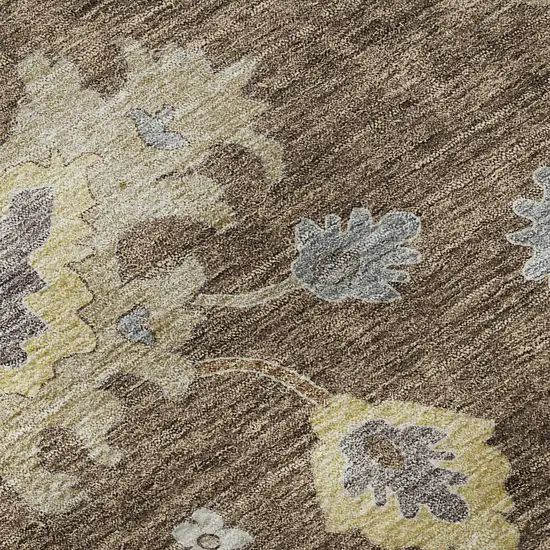 8' Chocolate Gold And Gray Floral Medallion Washable Round Rug With UV Protection Photo 7