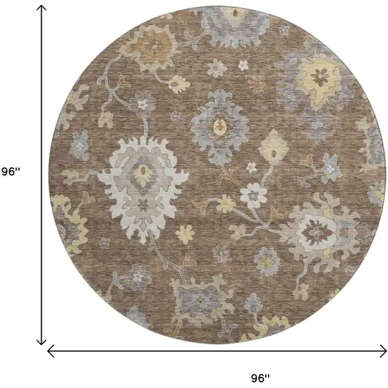 8' Chocolate Gold And Gray Floral Medallion Washable Round Rug With UV Protection Photo 8