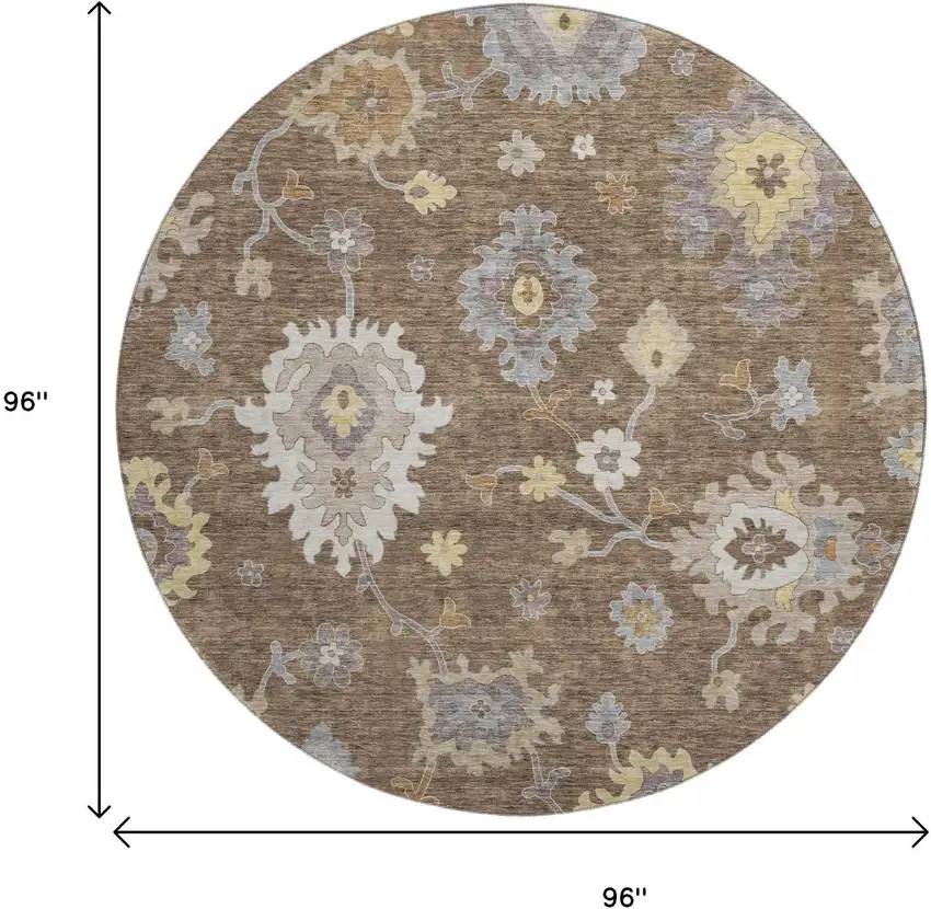8' Chocolate Gold And Gray Floral Medallion Washable Round Rug With UV Protection Photo 8
