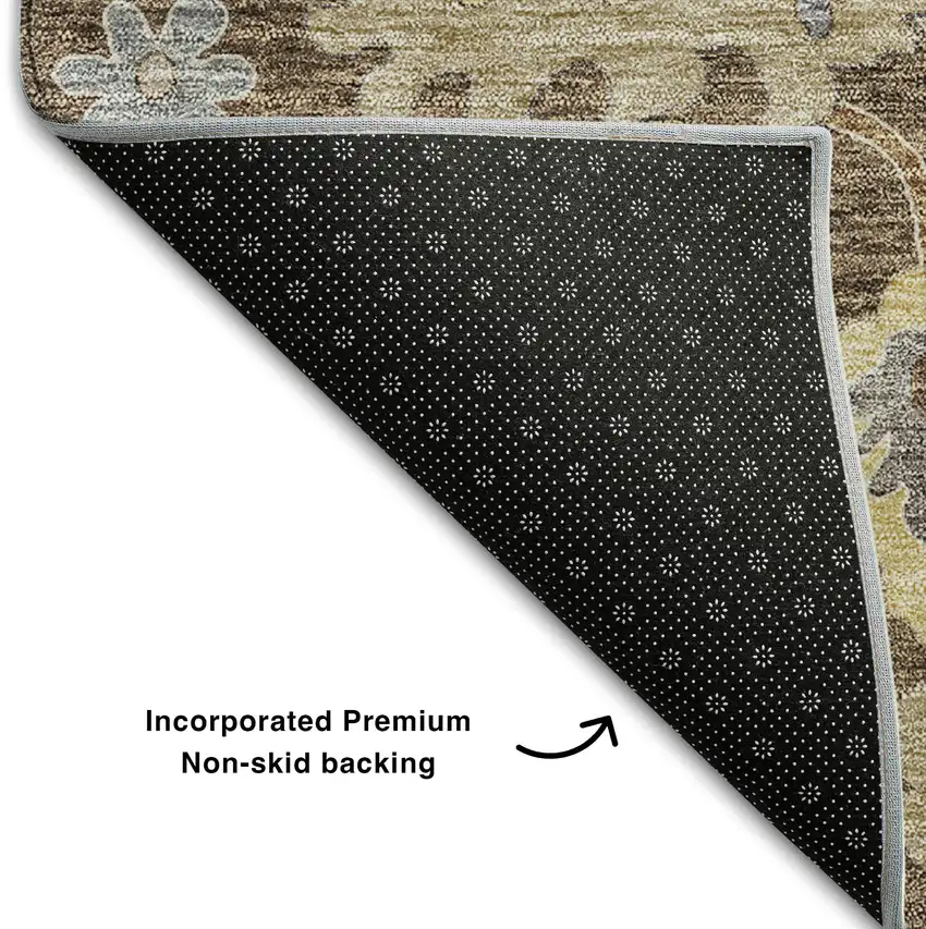 8' Chocolate Gold And Gray Floral Medallion Washable Round Rug With UV Protection Photo 4