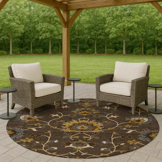 8' Chocolate Gold And Gray Round Floral Washable Indoor Outdoor Area Rug Photo 7