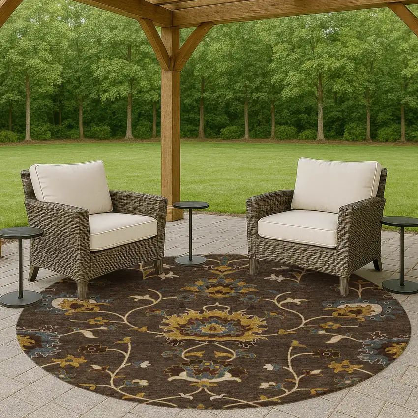 8' Chocolate Gold And Gray Round Floral Washable Indoor Outdoor Area Rug Photo 7