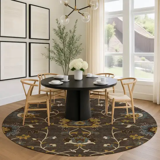 8' Chocolate Gold And Gray Round Floral Washable Indoor Outdoor Area Rug Photo 8