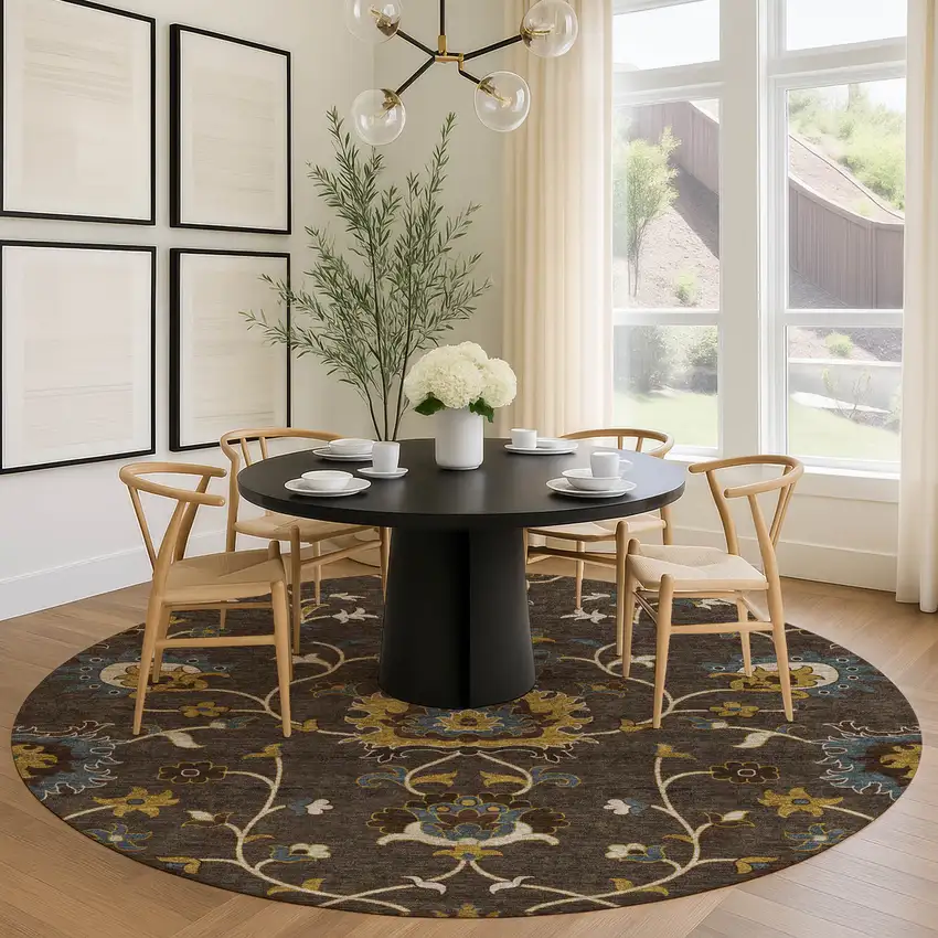8' Chocolate Gold And Gray Round Floral Washable Indoor Outdoor Area Rug Photo 8