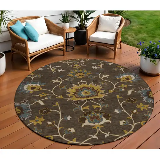 8' Chocolate Gold And Gray Round Floral Washable Indoor Outdoor Area Rug Photo 1