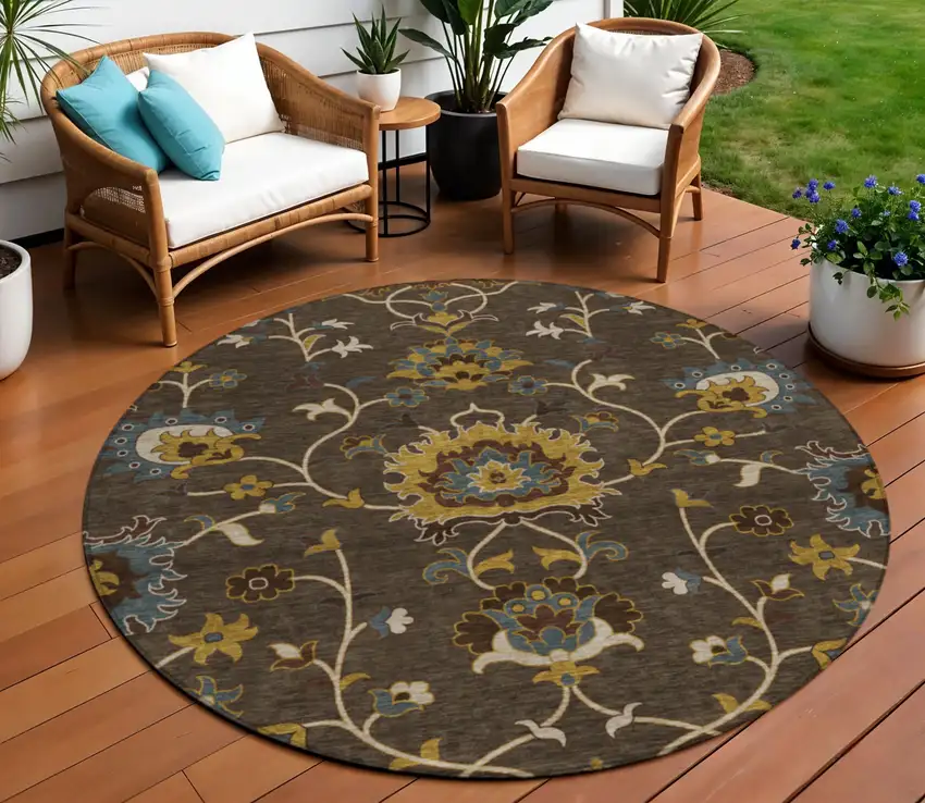 8' Chocolate Gold And Gray Round Floral Washable Indoor Outdoor Area Rug Photo 1