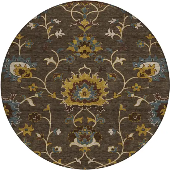 8' Chocolate Gold And Gray Round Floral Washable Indoor Outdoor Area Rug Photo 2
