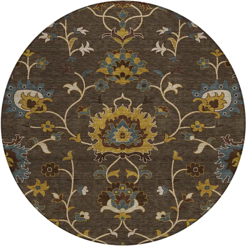 8' Chocolate Gold And Gray Round Floral Washable Indoor Outdoor Area Rug Photo 2