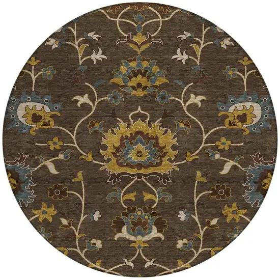 8' Chocolate Gold And Gray Round Floral Washable Indoor Outdoor Area Rug Photo 4