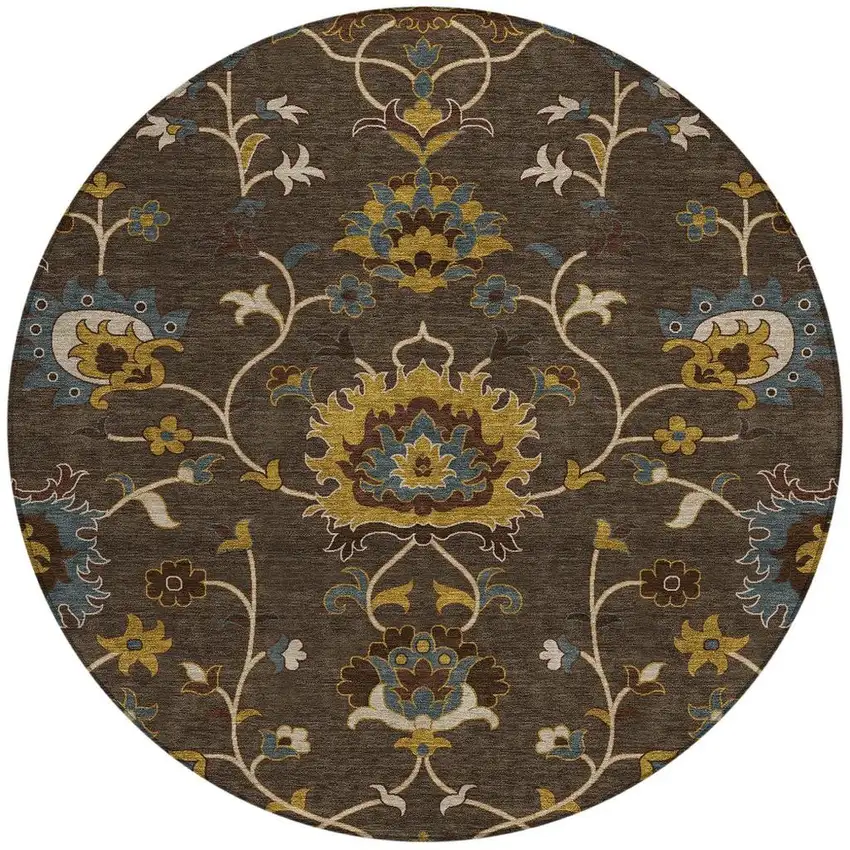 8' Chocolate Gold And Gray Round Floral Washable Indoor Outdoor Area Rug Photo 4