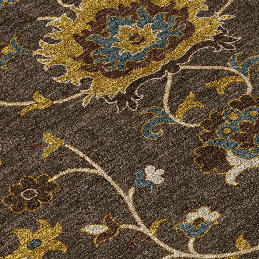 8' Chocolate Gold And Gray Round Floral Washable Indoor Outdoor Area Rug Photo 6