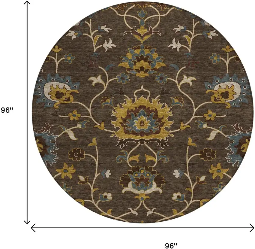 8' Chocolate Gold And Gray Round Floral Washable Indoor Outdoor Area Rug Photo 3
