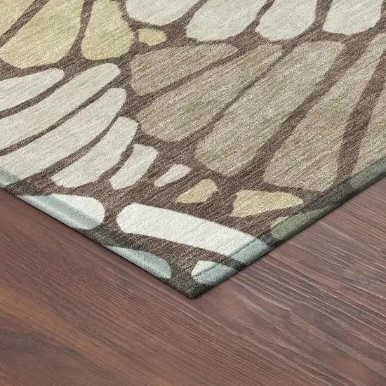 8' Chocolate Gold And Gray Round Floral Washable Indoor Outdoor Area Rug Photo 7