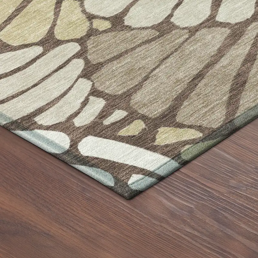 8' Chocolate Gold And Gray Round Floral Washable Indoor Outdoor Area Rug Photo 7