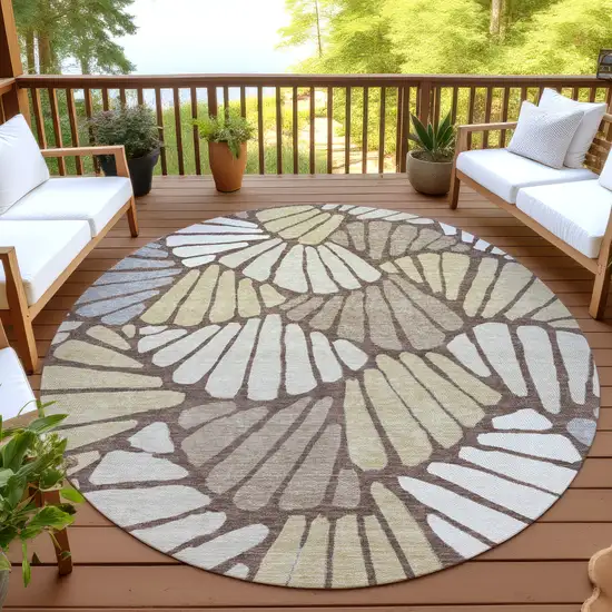 8' Chocolate Gold And Gray Round Floral Washable Indoor Outdoor Area Rug Photo 3