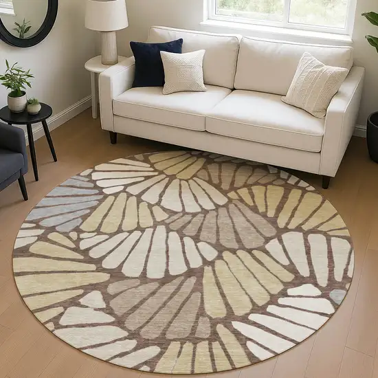 8' Chocolate Gold And Gray Round Floral Washable Indoor Outdoor Area Rug Photo 4