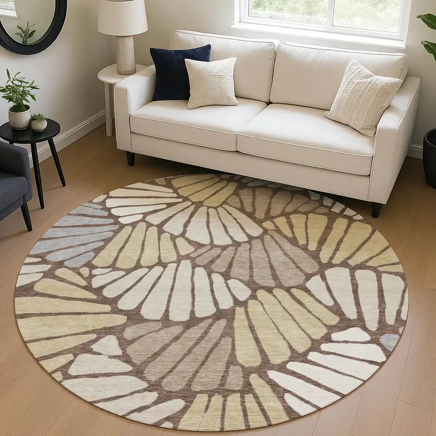8' Chocolate Gold And Gray Round Floral Washable Indoor Outdoor Area Rug Photo 4