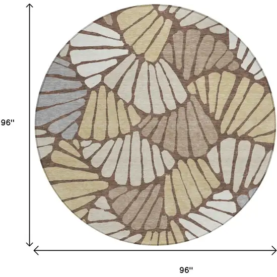 8' Chocolate Gold And Gray Round Floral Washable Indoor Outdoor Area Rug Photo 9