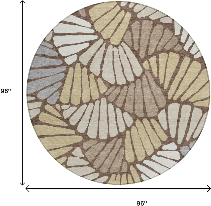 8' Chocolate Gold And Gray Round Floral Washable Indoor Outdoor Area Rug Photo 9